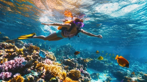 Woman snorkeling vibrant coral reef, tropical ocean, sunlit water, underwater adventure, travel