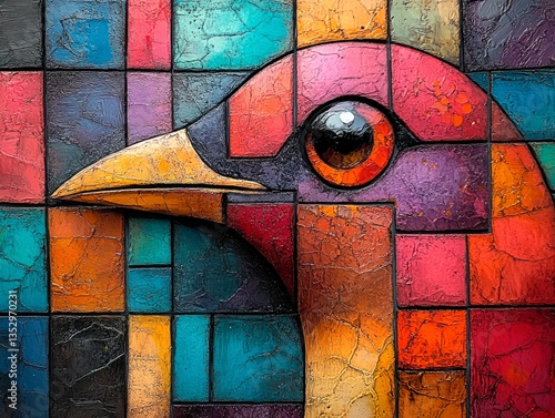 A stained glass painting depicting the head of a bird in profile. The bird is made from colorful squares and rectangles, creating a mosaic effect. The primary colors are shades of red, orange, blue, a