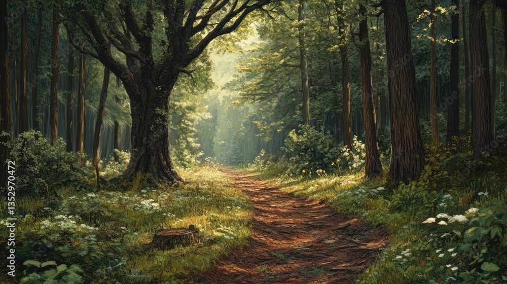Sunlit Forest Path, Misty Morning, Green Trees, Nature Walk, Fantasy Setting Sunlit Forest Path, Misty Morning, Green Trees, Nature Walk, Fantasy Setting