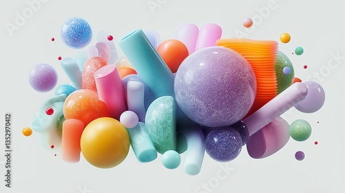 colorful objects spheres cylinders 3d render bright tones soft lighting closeup textures artistic white background