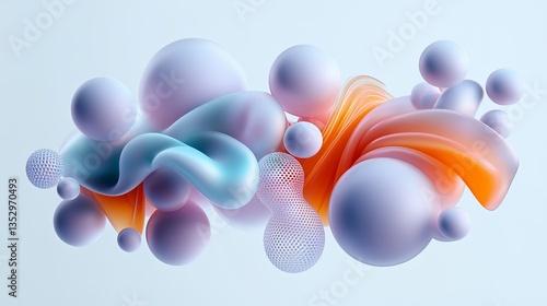 abstract shapes pastel colors bubbles tubes 3d render light blue background smooth modern clean design