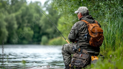 Obraz na płótnie Senior man fly fishing by riverbank. w salonie