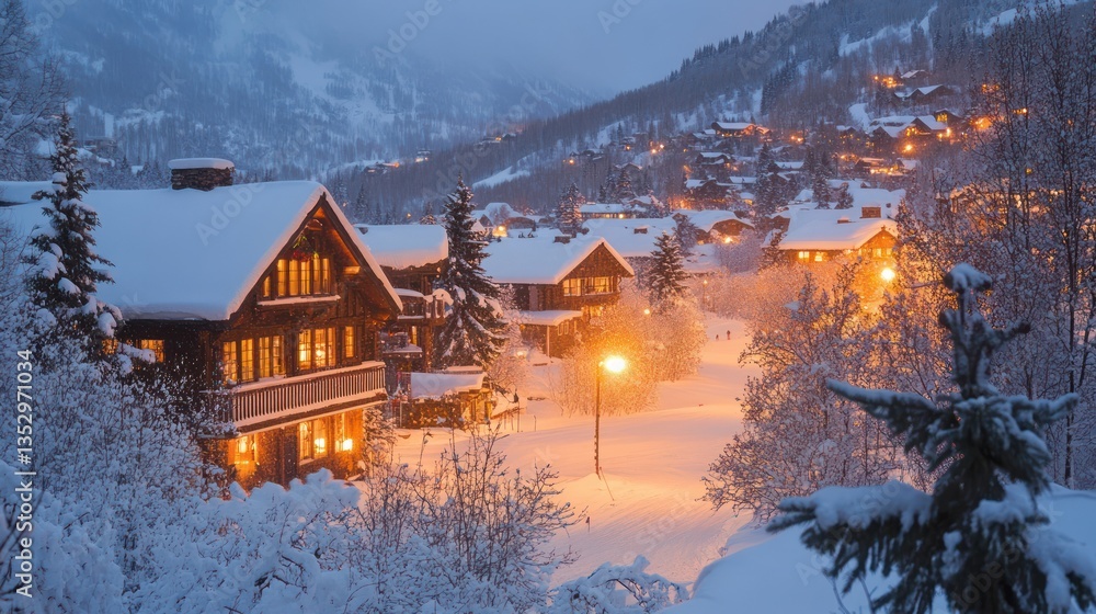 Fototapeta premium Snowy mountain village night scene, illuminated chalets, winter wonderland postcard