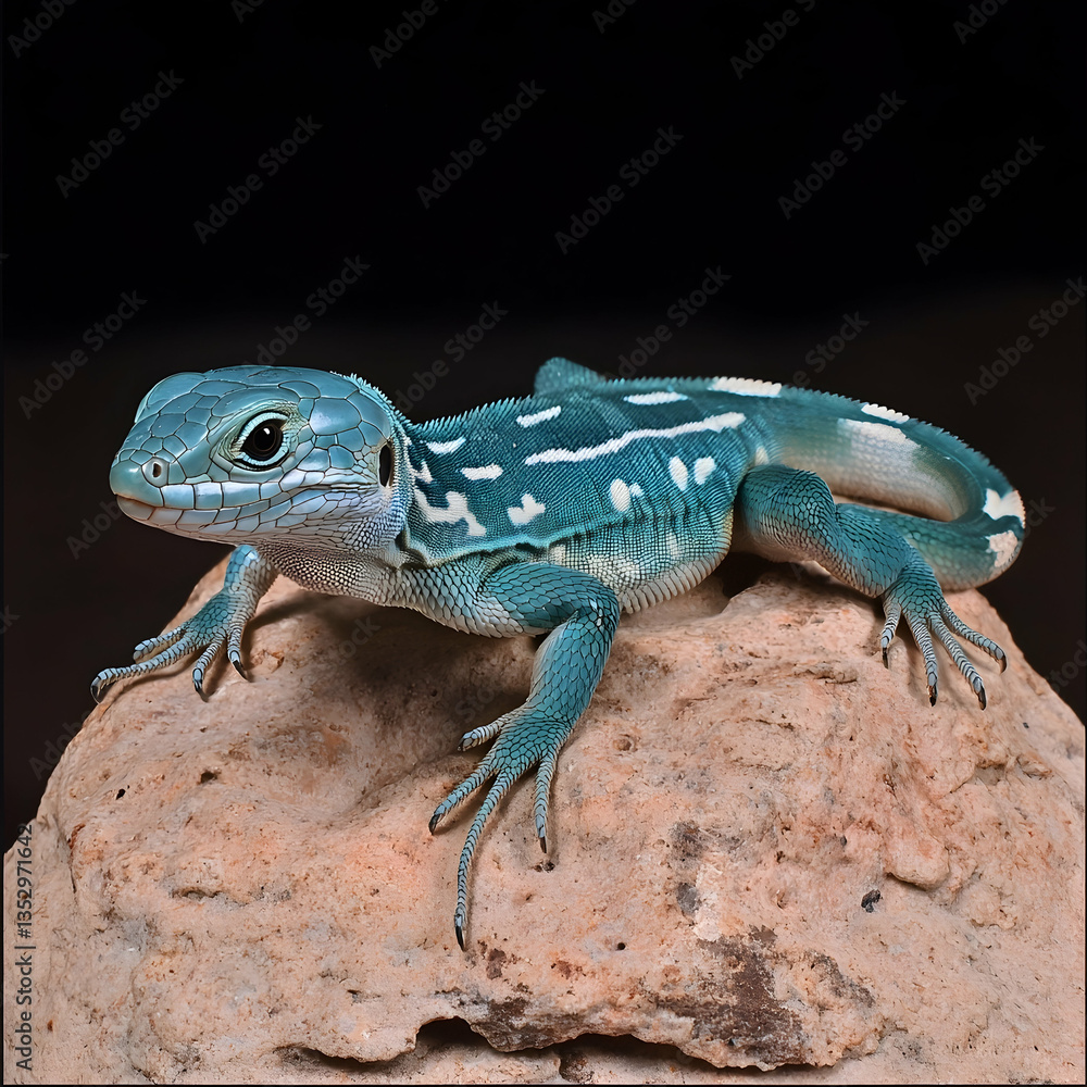 Obraz premium Turquoise lizard perched on rock, studio shot, reptile detail, exotic pet