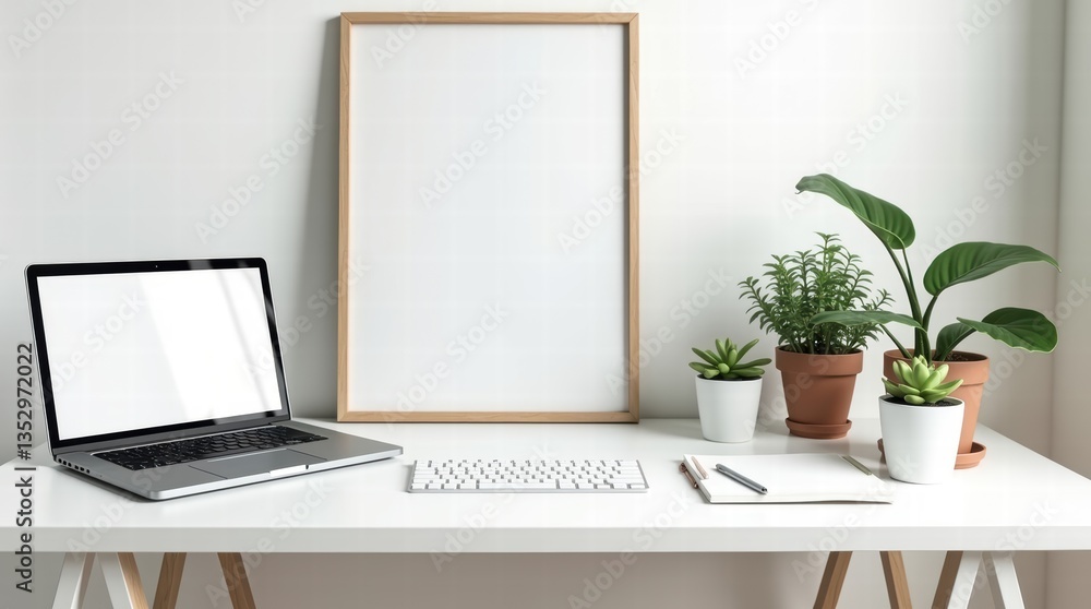 Minimalist home office workspace with laptop and blank frame surrounded by green potted plants Minimalist home office workspace with laptop and blank frame surrounded by green potted plants