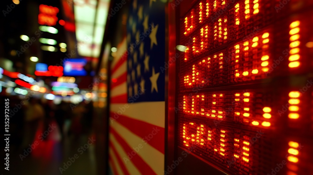 Obraz premium Bright red electronic data display beside the flag on a wall