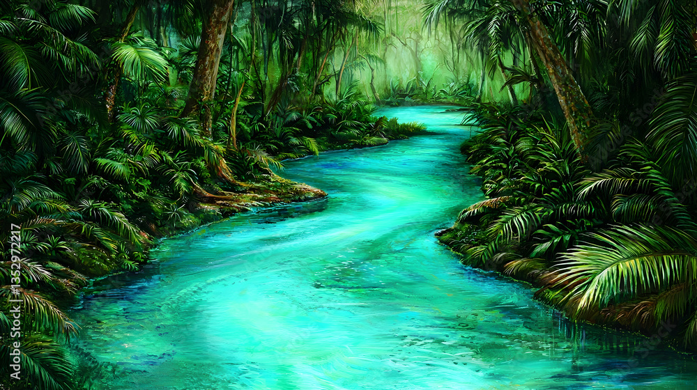 Fototapeta premium Lush tropical river flowing through dense jungle, sunlight dappling the leaves, perfect for travel brochures or nature documentaries