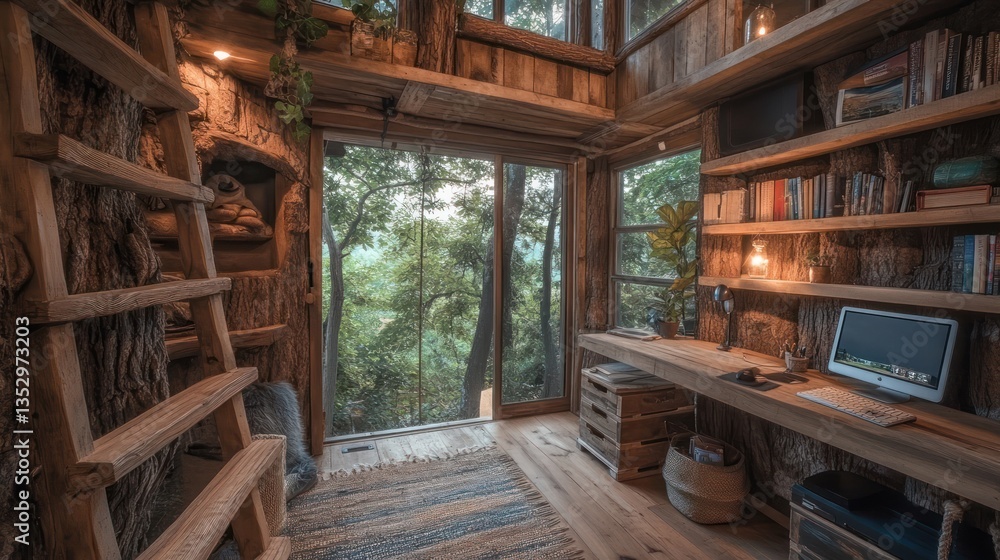 Mountain view treehouse office; bookshelves, ladder, tranquil forest Mountain view treehouse office; bookshelves, ladder, tranquil forest