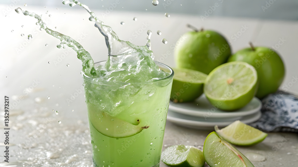 Fototapeta premium A glass of green lime or apple drink splashing up dramatically, showcasing its cool and refreshing appeal