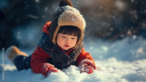 little child wearing a warm red winter jacket and a knitted hat with a pompom, joyfully playing on fresh white snow in a beautiful outdoor winter landscape