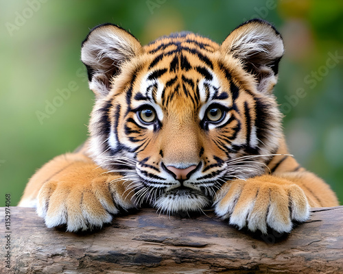 Cute Tiger Cub Resting on Log