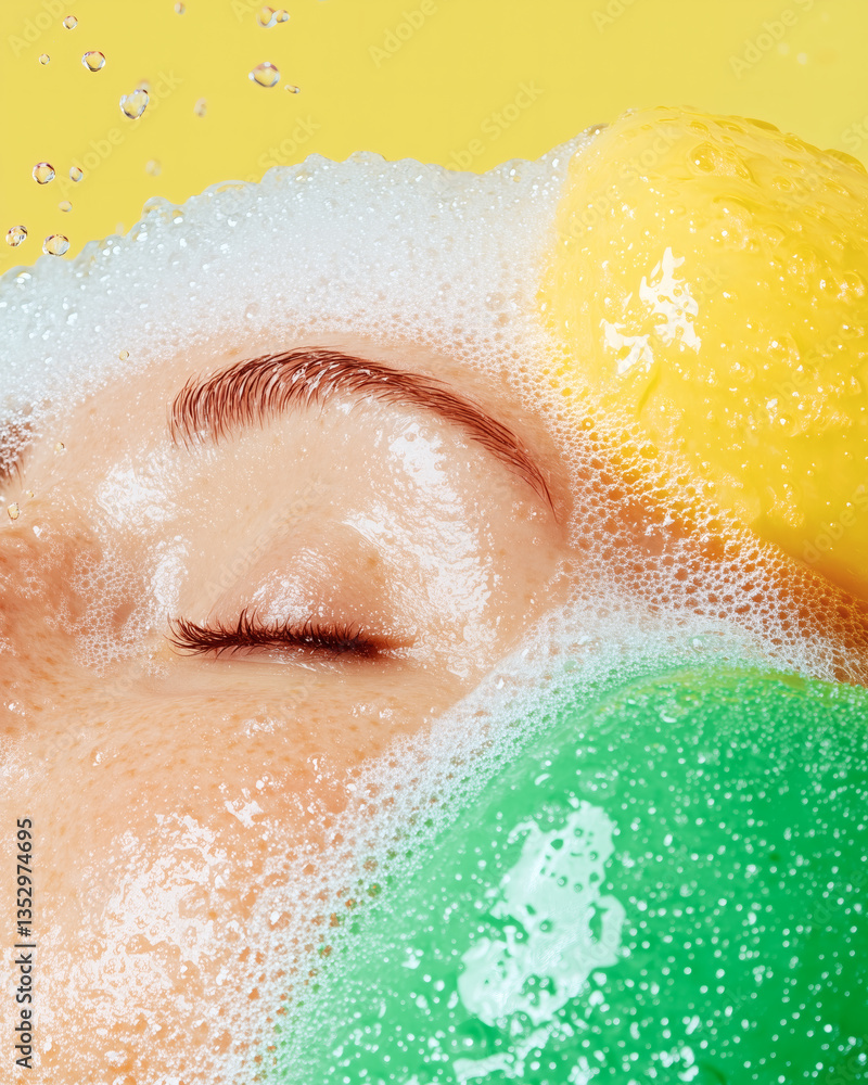 Fototapeta premium A person enjoying a serene bath surrounded by bubbles, with their eyes closed. Colorful sponges in green and yellow are visible, set against a bright yellow background