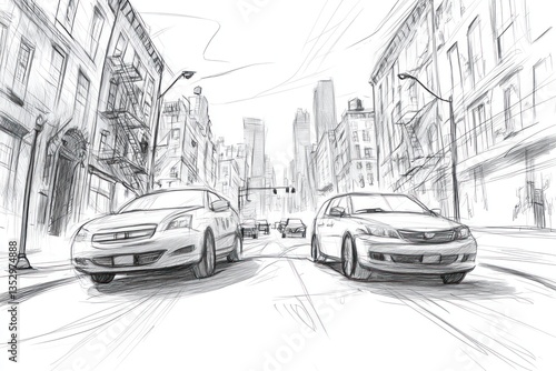 Street scene shows cars driving down a city road among buildings