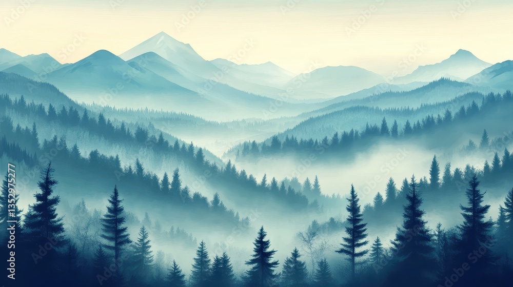 Misty blue mountains with evergreen forests, very calming and serene. Use this for nature blogs, travel articles, or meditation materials. Misty blue mountains with evergreen forests, very calming and serene. Use this for nature blogs, travel articles, or meditation materials.