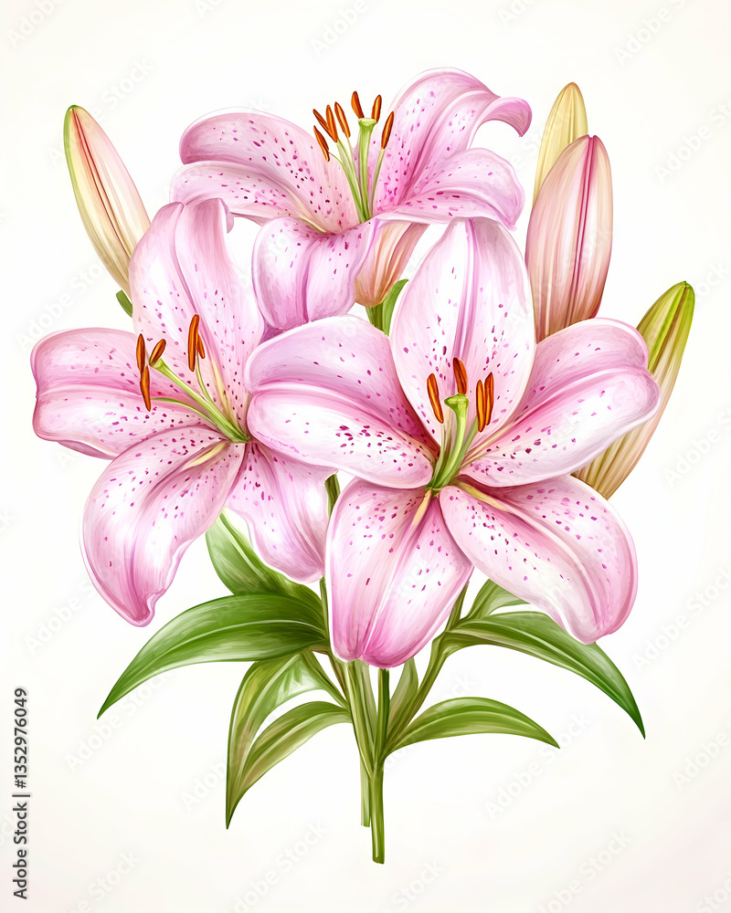 Obraz premium Delicate Pink Lilies Bouquet Illustration