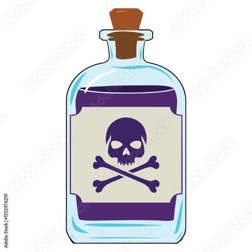 Magic poison bottle isolated on white. Vector illustration of a mystical vial with a skull symbol, ideal for fantasy, alchemy, or potion themed designs.