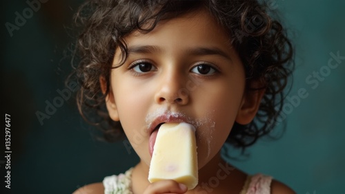 Young girl with curly hair enjoying a vanilla ice cream on a warm summer day, capturing childhood innocence, joy, and the simple pleasures of life with a cute and messy face