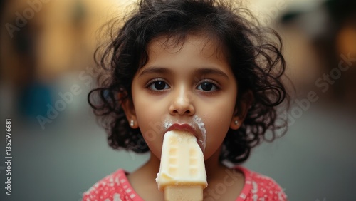 Adorable young girl with curly hair enjoying a vanilla ice cream on a warm summer day, capturing childhood innocence, joy, and the simple pleasures of life with a cute and messy face