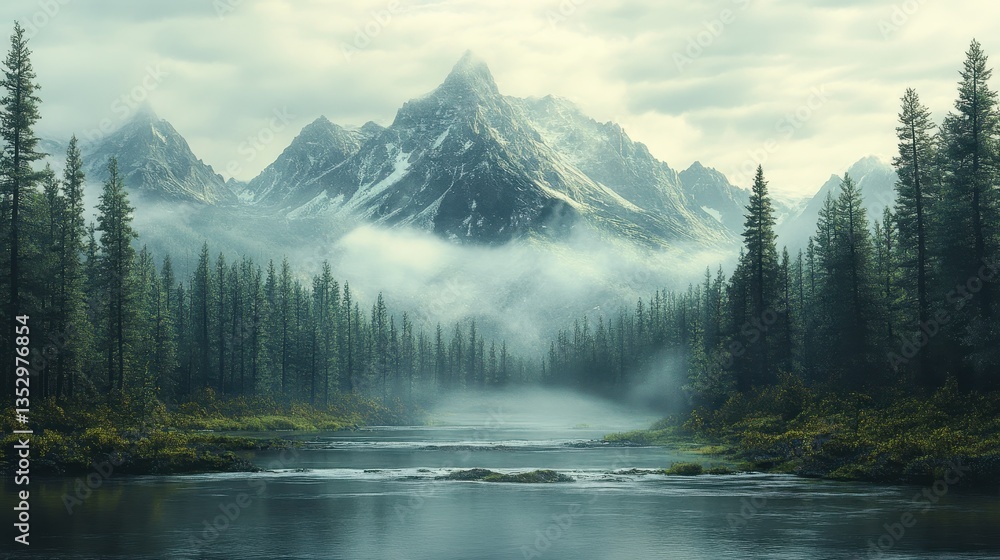 Snowy mountains and a river flow through a green forest with mist. Use it for travel, nature, landscapes, or adventure-themed content. Snowy mountains and a river flow through a green forest with mist. Use it for travel, nature, landscapes, or adventure-themed content.