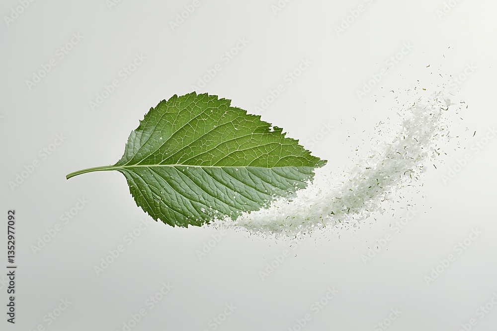 Fototapeta premium Green leaf with sugar splash, and white background.