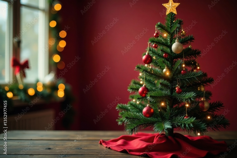 A beautifully decorated Christmas tree sits atop a table amidst festive garlands, garland, decorations, holiday A beautifully decorated Christmas tree sits atop a table amidst festive garlands, garland, decorations, holiday