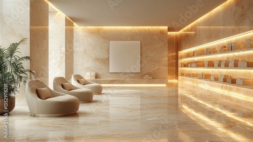 Luxurious spa waiting area with marble walls, beige chairs, and product display shelves; ideal for relaxation and wellness advertising