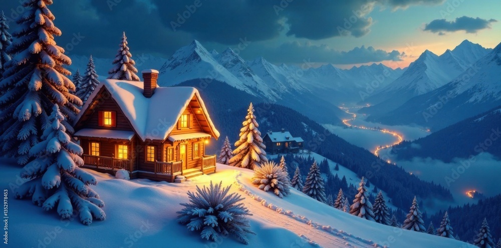Fototapeta premium A golden-lit Christmas village on a snowy hill, christmas decorations, holiday village