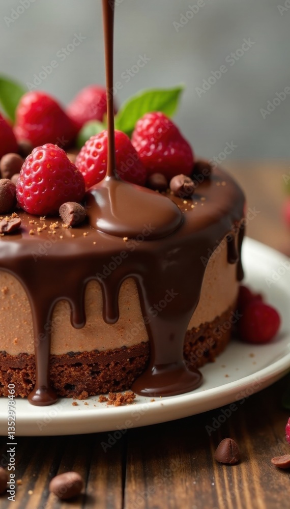 A golden river of chocolate pours down the edge of a decadent cake , topping, food, river A golden river of chocolate pours down the edge of a decadent cake , topping, food, river