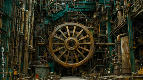 Massive industrial gear in a factory; intricate machinery and pipes fill the background; potential use for industrial or steampunk themes