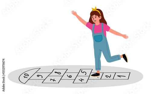 Child playing hopscotch on a sunny day outdoors with joy and excitement