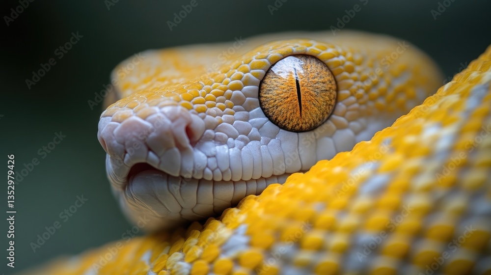 Fototapeta premium Extreme macro close-up of a vibrant yellow snake head showing detailed scales and a striking orange eye with a vertical pupil.