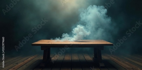A solitary wooden table stands amidst the gloom, with misty smoke rising from its surface, wooden table, somber
