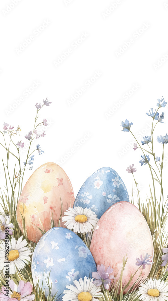 Fototapeta premium colorful easter eggs on green grass, vibant pastel colors, vertical transparent illustration with copy space