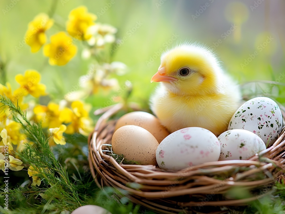 Springtime Chick and Nest: A fluffy yellow chick nestles in a woven nest, surrounded by speckled eggs and vibrant yellow flowers. Springtime Chick and Nest: A fluffy yellow chick nestles in a woven nest, surrounded by speckled eggs and vibrant yellow flowers.