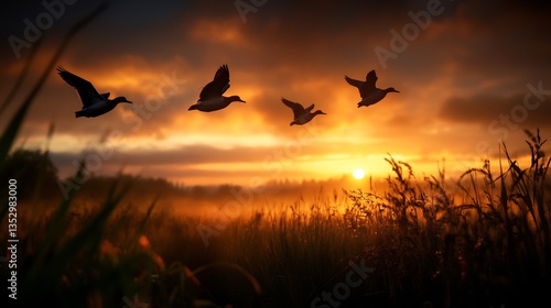 Silhouette of ducks flying at sunset over a misty field landscape