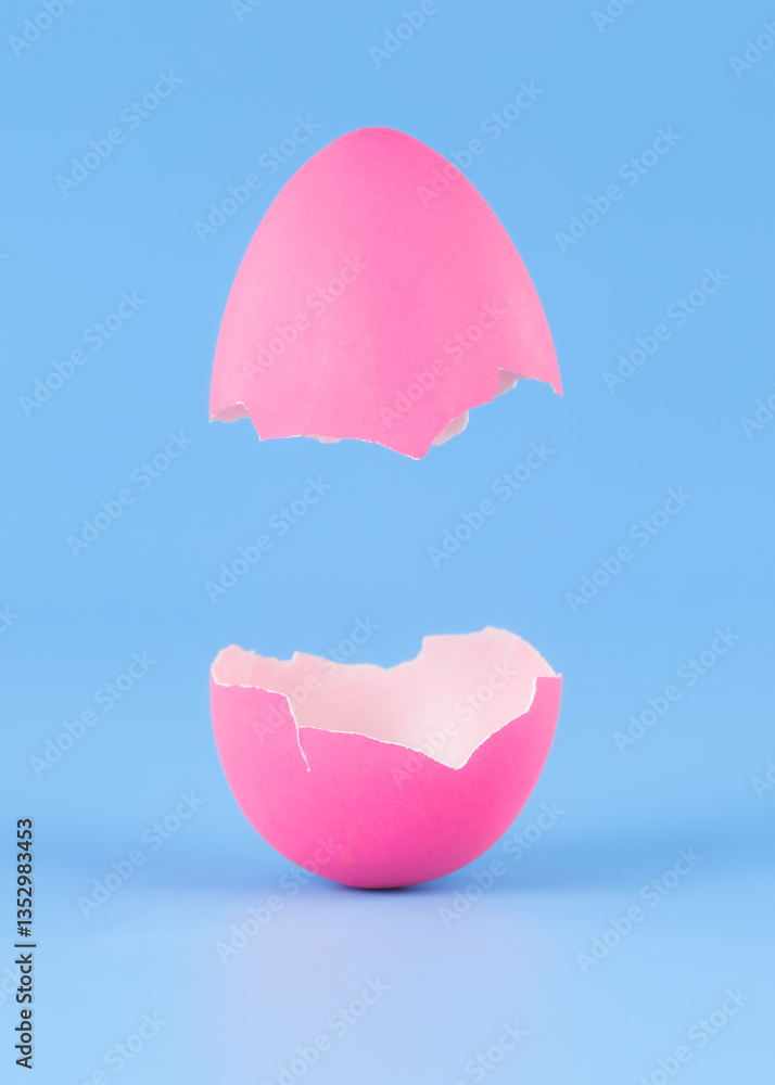 Fototapeta premium Single pink Easter Egg on blue background broken in pieces and opening like a hatching egg. Real dyed Easter egg shell cracked open vertically.