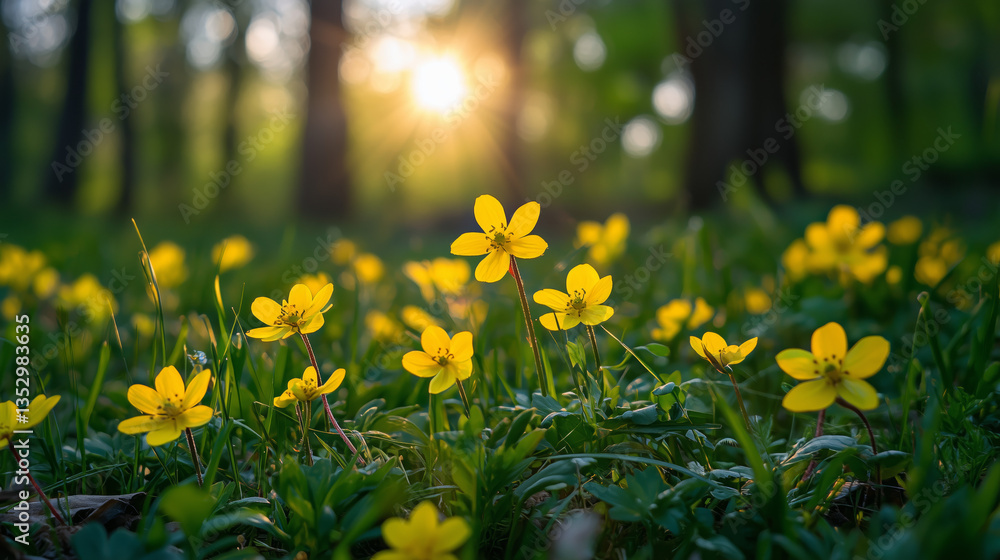 Obraz premium Yellow Flowers Blooming In Lush Green Grass Field With Sunrise Background Lighting And Lens Flare