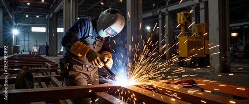 Ironworker welding metal beams at construction site, industrial artistry