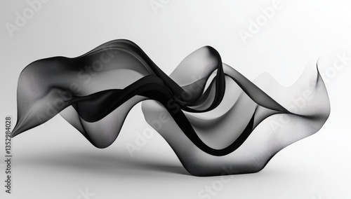 Abstract black flowing fabric form on a white background