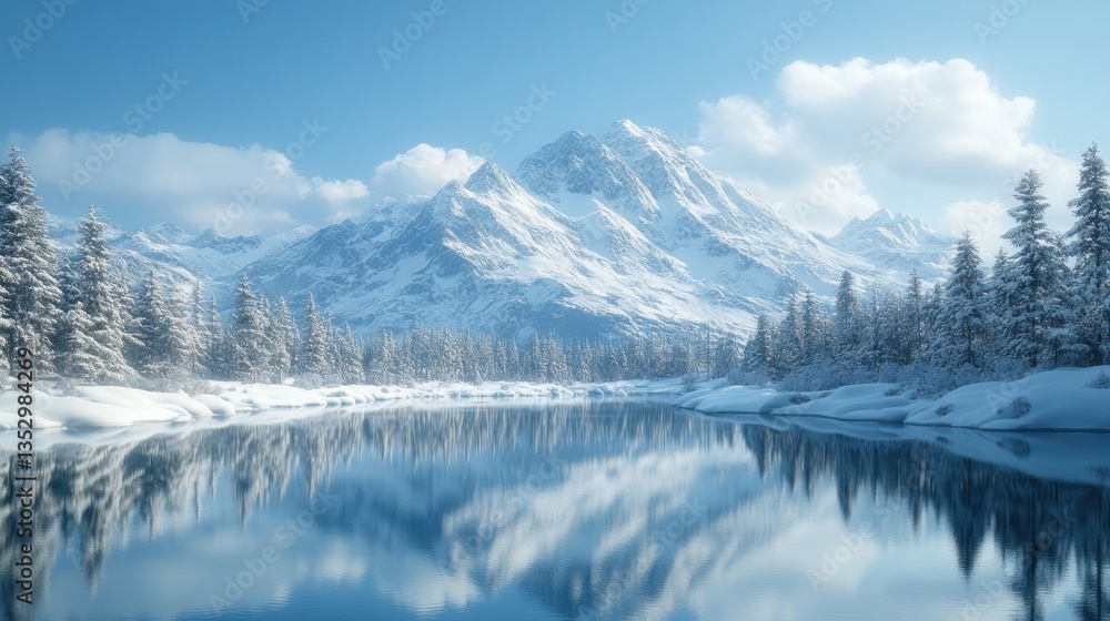 Serene Winter Landscape: Majestic Snow-Capped Mountains Reflected in a Calm Lake Serene Winter Landscape: Majestic Snow-Capped Mountains Reflected in a Calm Lake
