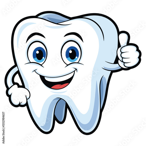 Tooth cartoon with a thumbs up, vector illustration. A cute, smiling tooth giving a thumbs up, perfect for dental care themes, kids products, and positive oral health messages.