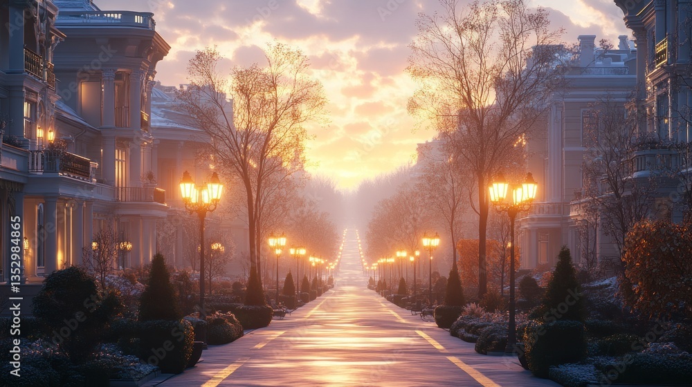 Fototapeta premium Serene Sunrise on a Snowy Street: Elegant Architecture and Golden Hour