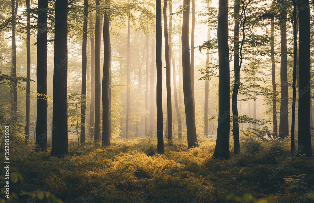 Fototapeta premium Serene forest morning light streaming through trees creating a tranquil and peaceful natural sanctuary