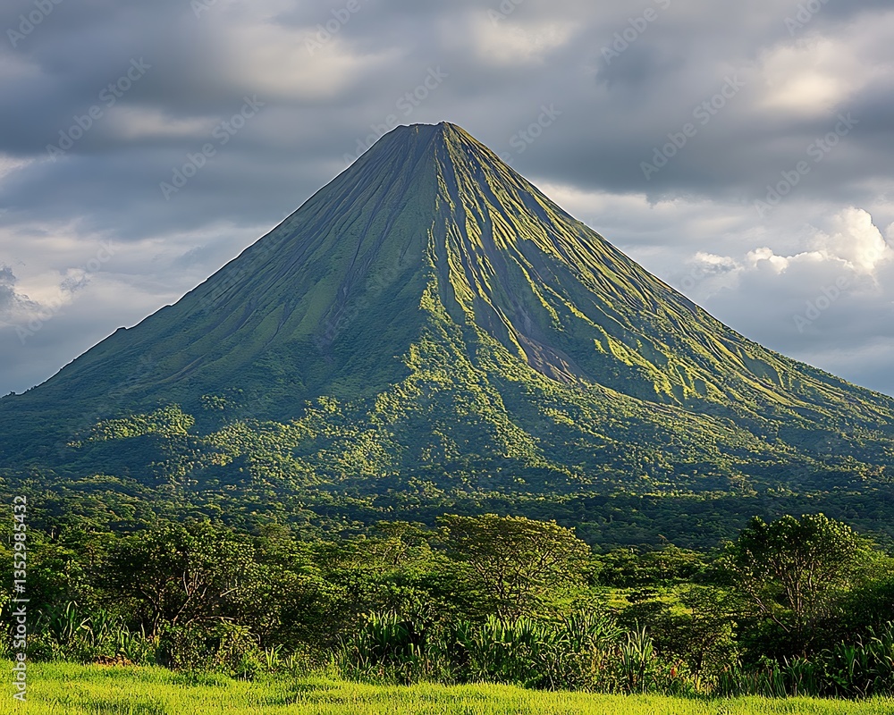 A Lush Green Volcanic Mountain Underneath A Cloudy Sky A Lush Green Volcanic Mountain Underneath A Cloudy Sky