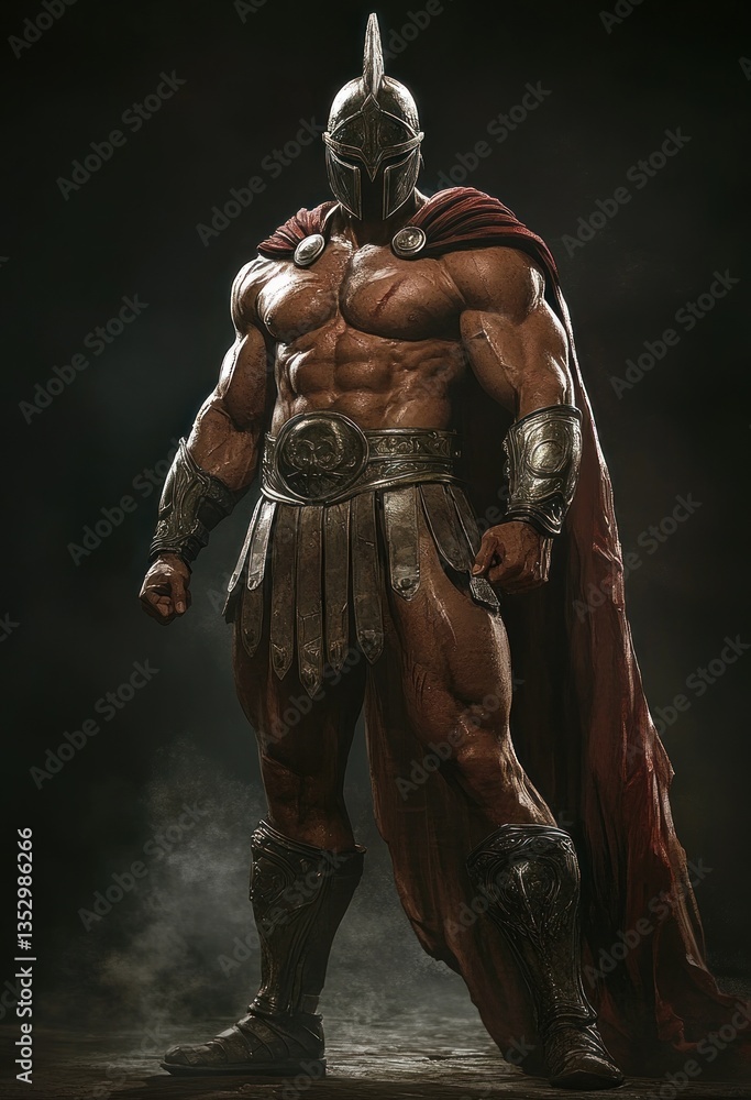 Fototapeta premium A muscular warrior stands clad in armor and a flowing cape