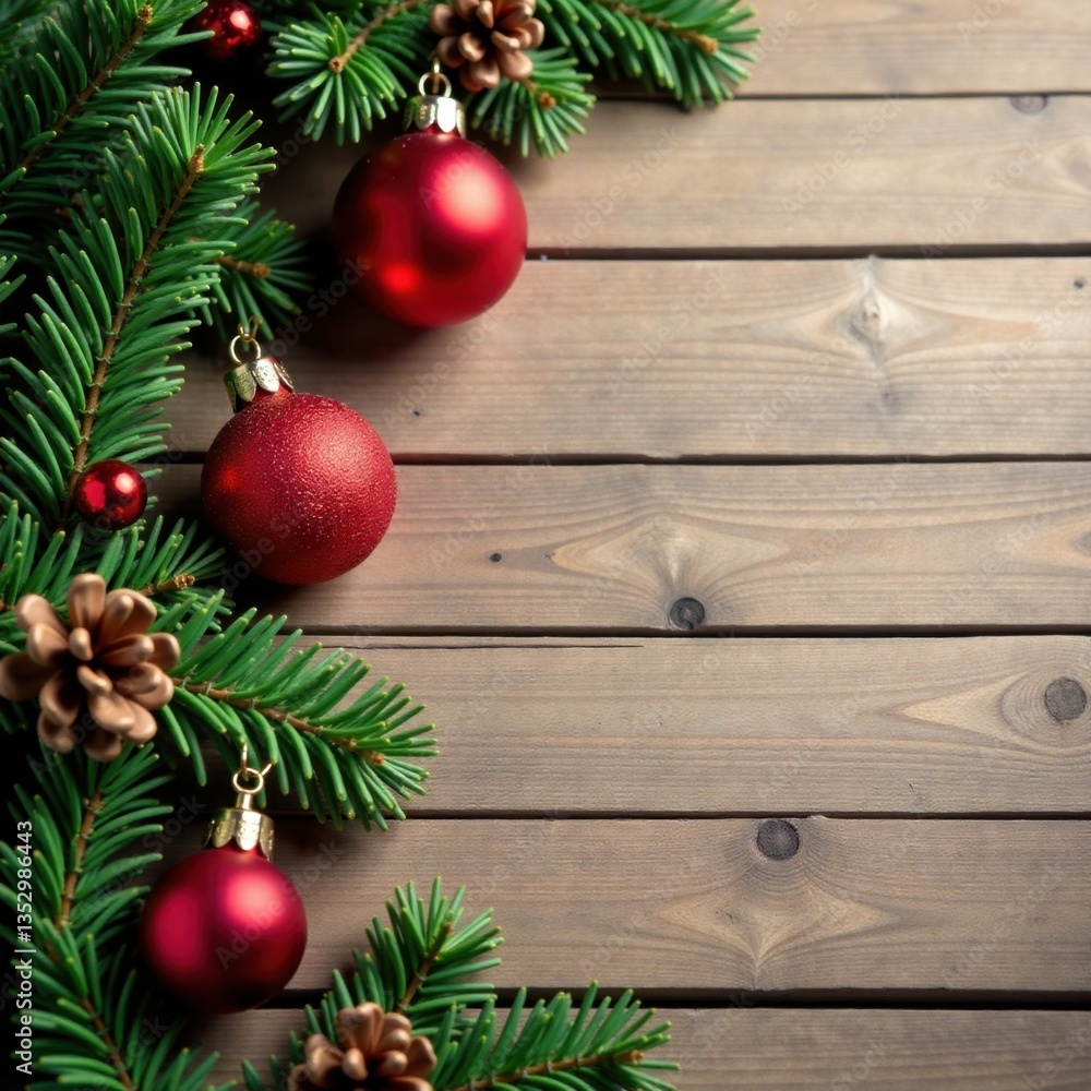 Christmas ornament flat lay on a wooden table, wooden table, ribbons Christmas ornament flat lay on a wooden table, wooden table, ribbons