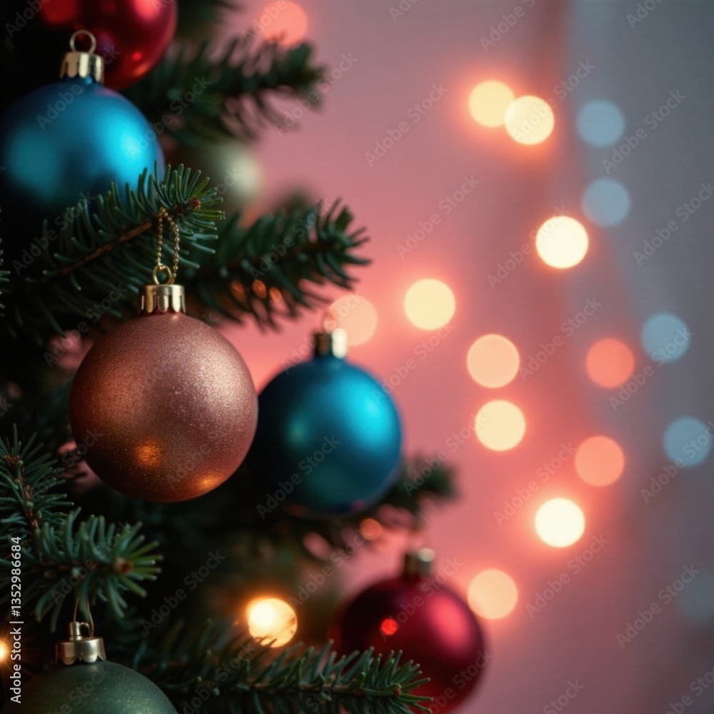 Christmas Tree With Baubles And Blurred Shiny Lights, Sparkling Ornaments, Festive Theme, Colorful Baubles Christmas Tree With Baubles And Blurred Shiny Lights, Sparkling Ornaments, Festive Theme, Colorful Baubles