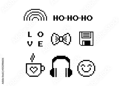 Y2k inspired retro pixel art vector illustration. Smile, rainbow, bow, diskette, headphones and cool game elements on a white background. Mood of 90s trendy young digital 8 bit collage sticker, banner