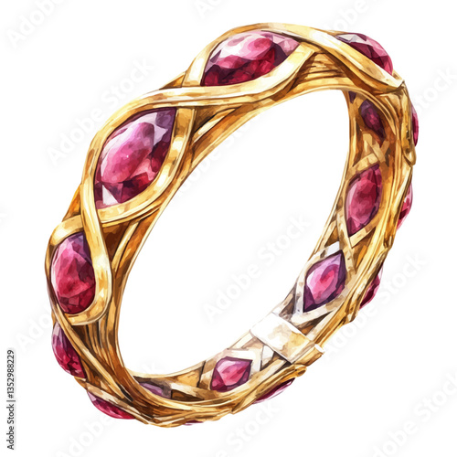 A watercolor vector painting of a luxury gold and ruby bracelet, isolated on a white background. Luxury gold and ruby bracelet vector.

