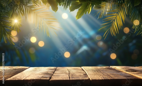 Tropical sunset, wooden table, bokeh lights, foliage, product display